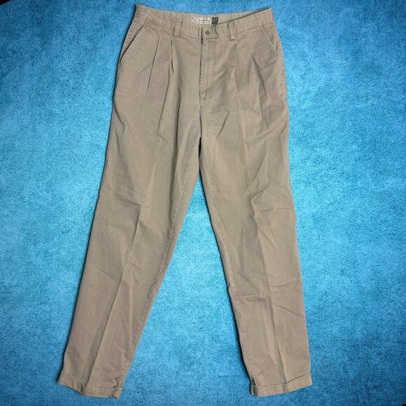 Vintage 90s Y2K GAP Relaxed Fit Mens Chinos Tan Pleated Cuffed Pants 34X34.5 - Picture 1 of 15